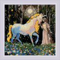 Unicorn Tale cross stitch kit showing a unicorn and woman in a moonlit forest with soft colors