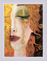 cross stitch kit depicting a woman with golden tears on her face