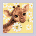 Little Giraffe cross stitch kit featuring a cute giraffe with a daisy on a bright yellow floral background