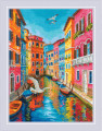Where the Sea Begins cross stitch kit featuring a colorful canal landscape with boats and seagulls