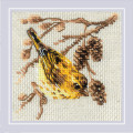 Cross stitch kit featuring a yellow siskin bird perched on pine cone branches