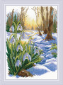 cross stitch kit depicting spring snowdrops in forest with melting snow