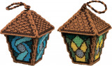 Lanterns Fairytale cross stitch kit showing detailed colorful stitched lanterns with brown roof