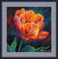 Cross stitch kit featuring a vibrant orange tulip flower with pink highlights against a dark background