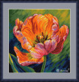 cross stitch kit showing vivid orange and pink tulip embroidery